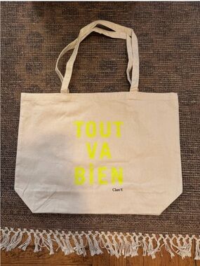 Clare V. Canvas Tote with Neon Yellow Slogan on Cream